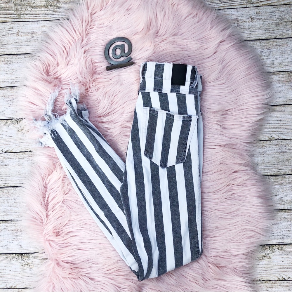 Zara | High Waist Black White Striped Jeans 0 24